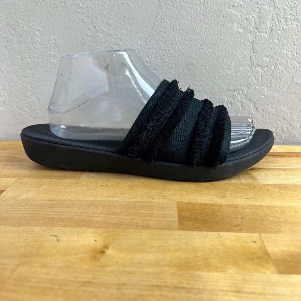 FitFlop Sandals Sola Fringe Slides Womens Size 9 Black Canvas Comfort Shoes
